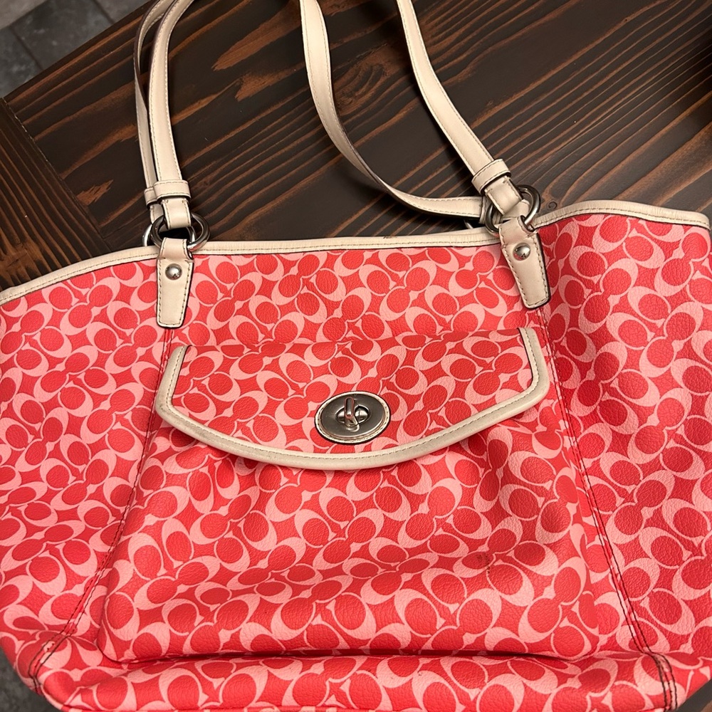Coach Coral Pink Signature Turnlock Tote with Cream Trim